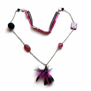 CREATION - Long Elegant Pink and Black Feather Necklace